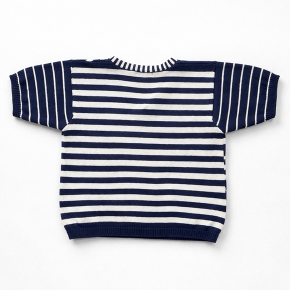 Vintage Jeanne Pierre Navy & White Graphic Knit Top S | Short Sleeve V-Neck - Picture 5 of 8